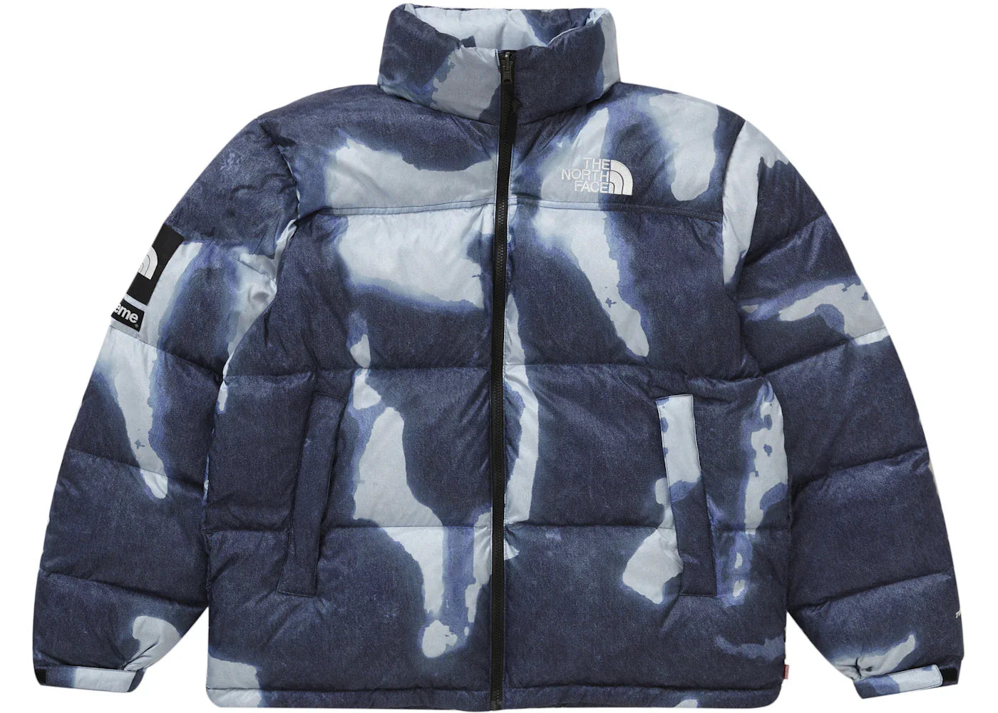supreme the north face bleached denim print nuptse jacket indigo