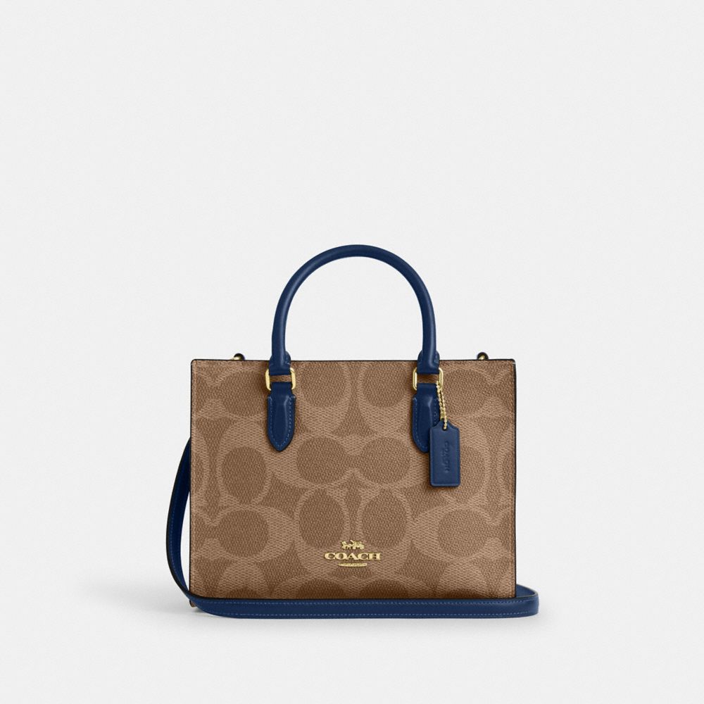 Coach Maggie Small Tote Bag In Signature Canvas Gold Tan Deep Blue