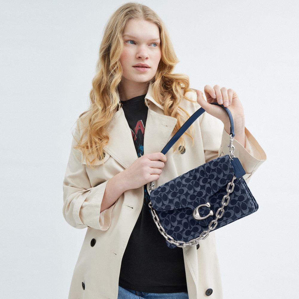 Coach Chain Tabby Shoulder Bag In Signature Denim Silver Deep Blue Multi