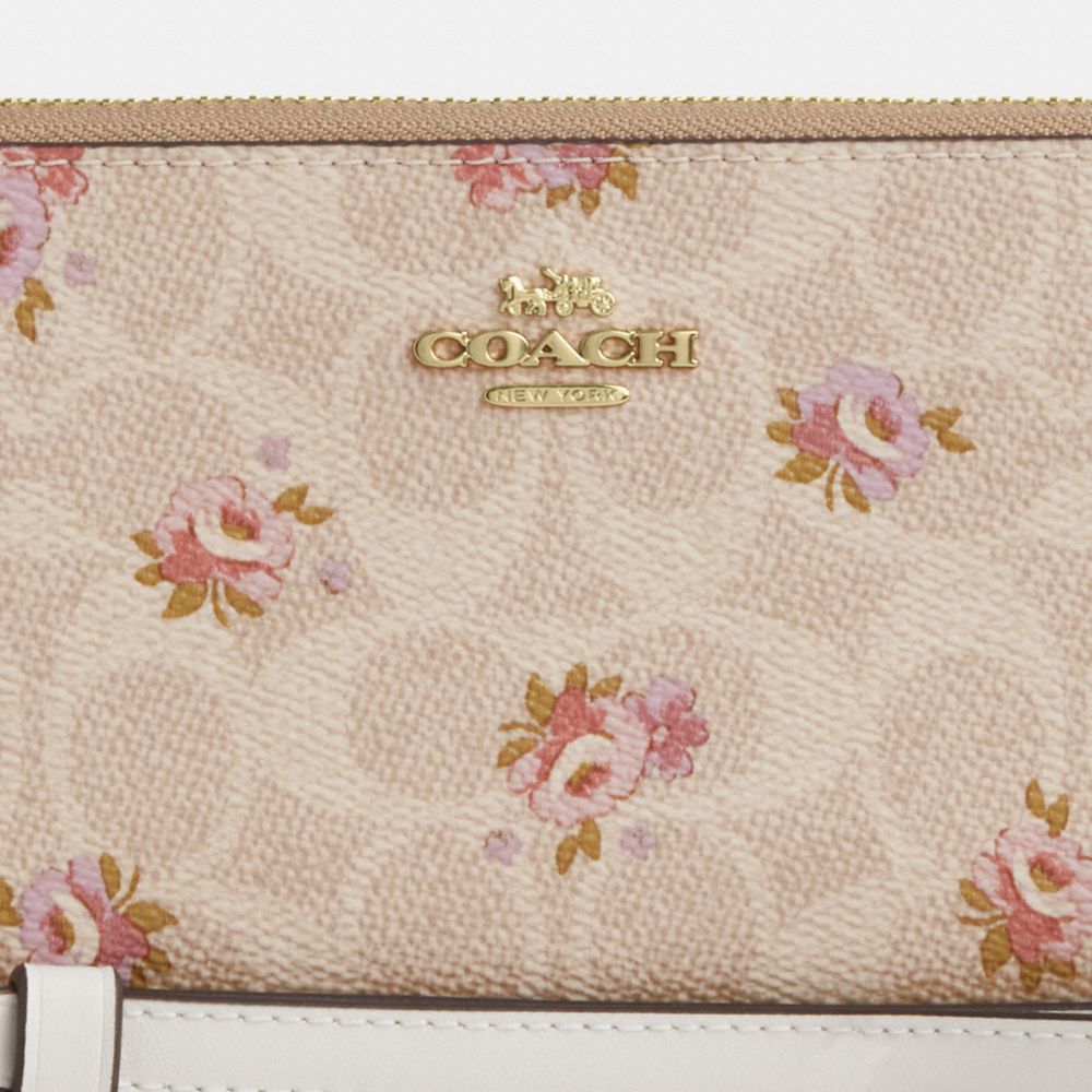 Coach Long Zip Around Wallet In Signature Canvas With Floral Print Gold Sand Multi