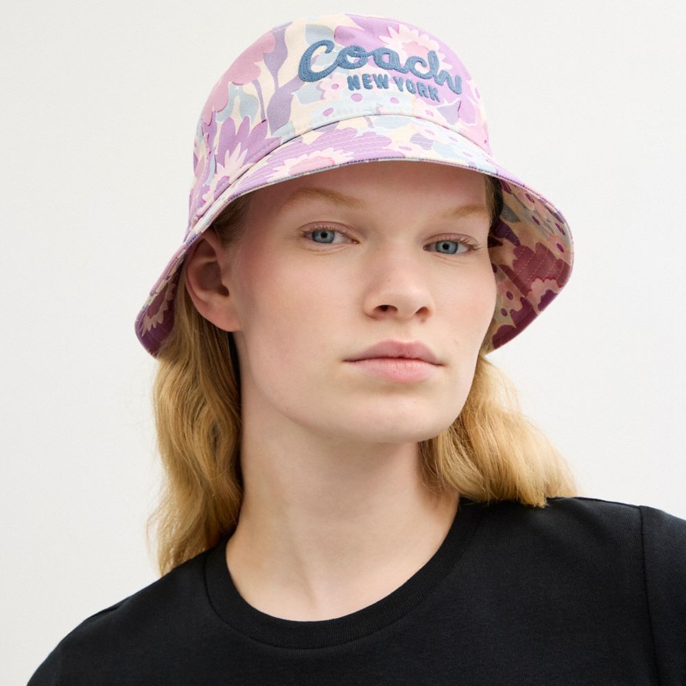 Coach Coach Script Floral Print Bucket Hat Purple Multi