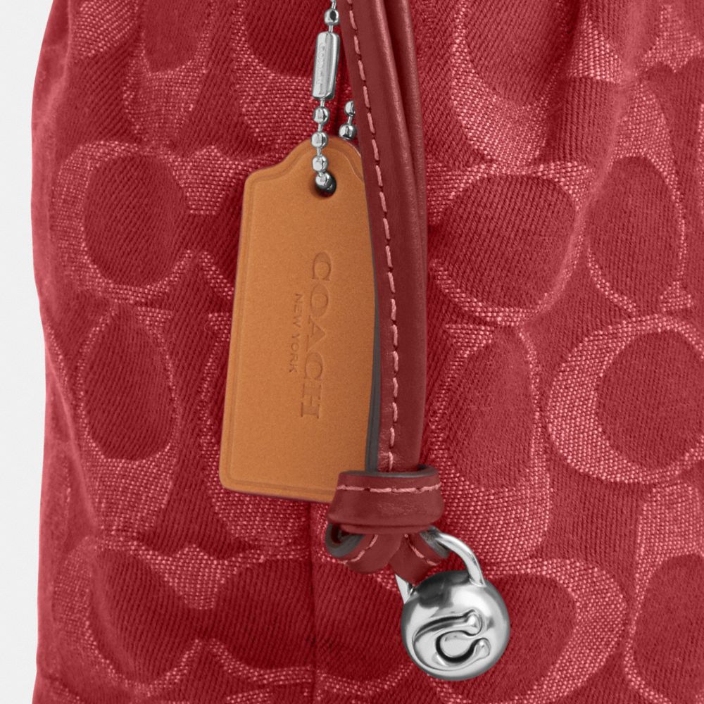 Coach Faye Mini Drawstring Bag In Signature Denim Silver True Red