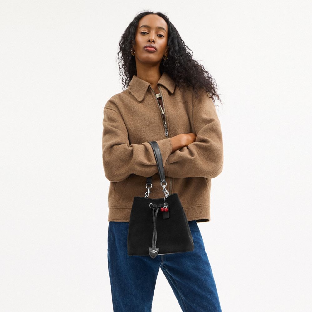 Coach Rowan Bucket Bag With Cherry Charm Silver Black