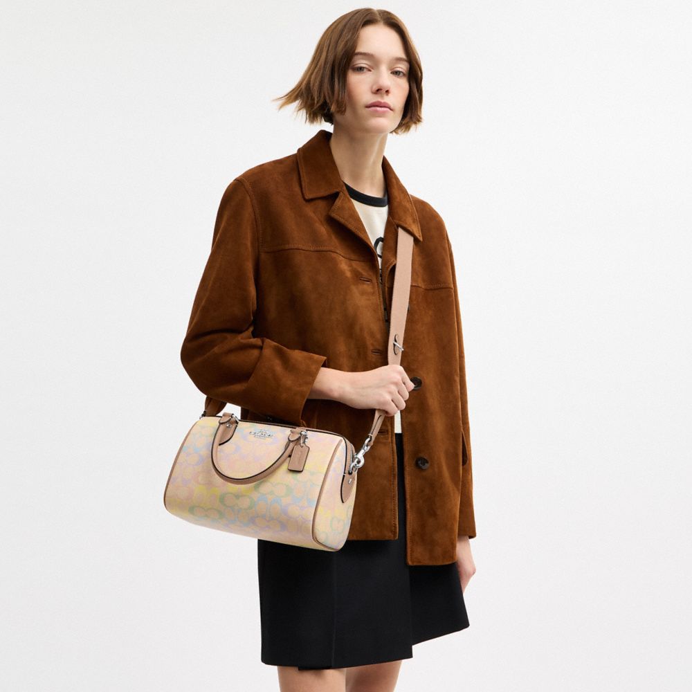 Coach Rowan Satchel Bag In Rainbow Signature Canvas Silver