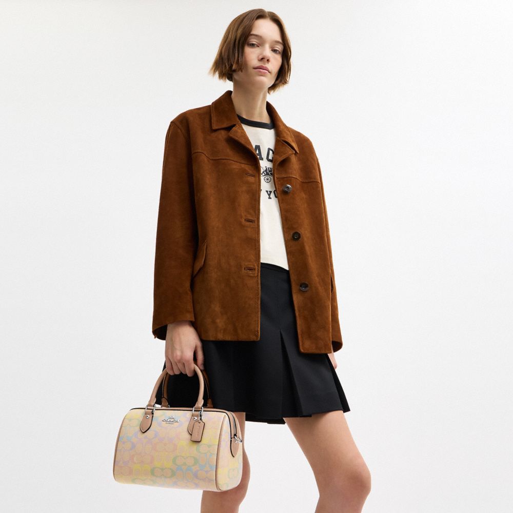 Coach Rowan Satchel Bag In Rainbow Signature Canvas Silver
