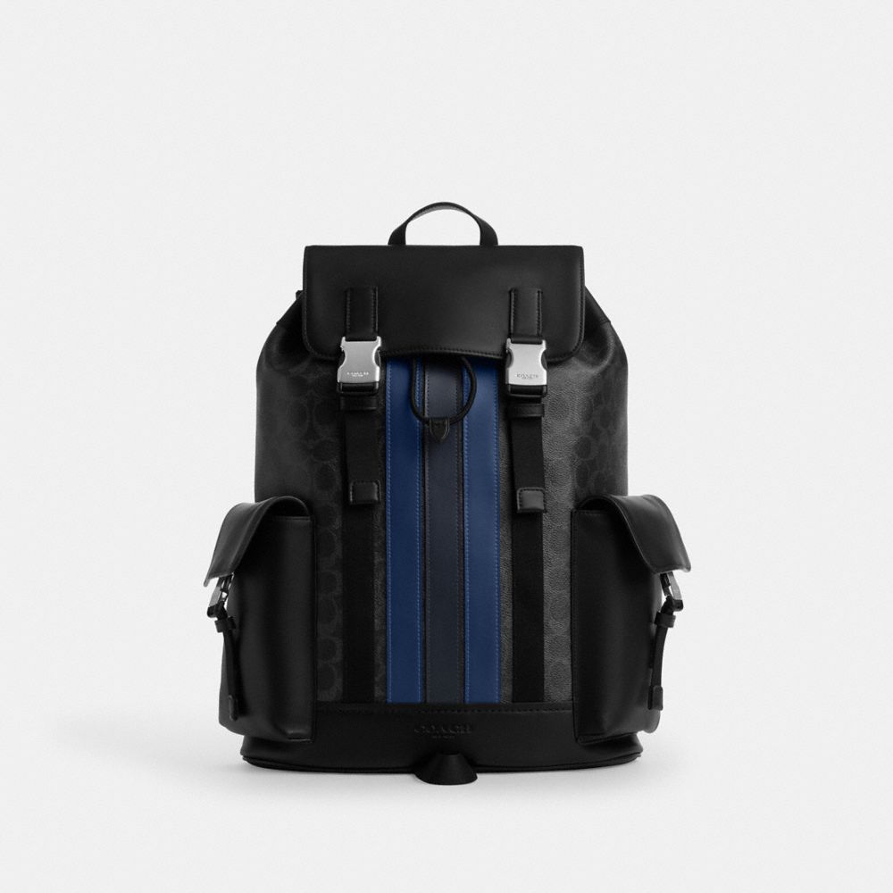 Coach Clark Backpack In Signature Canvas With Varsity Stripe Silver Black Multi