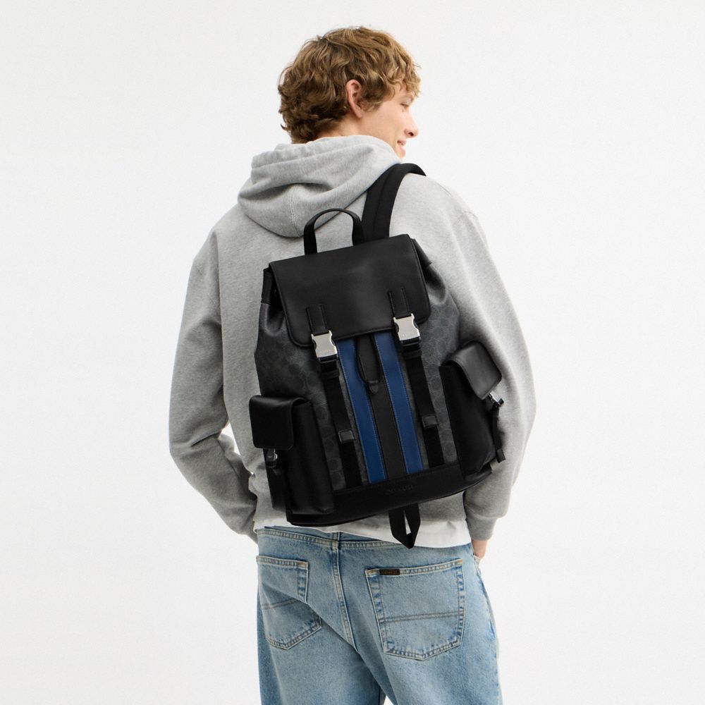 Coach Clark Backpack In Signature Canvas With Varsity Stripe Silver Black Multi