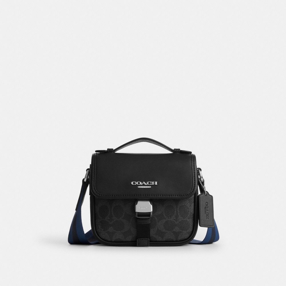 Coach Racer Crossbody Bag In Signature Canvas With Varsity Stripe Webbing Silver Black Multi