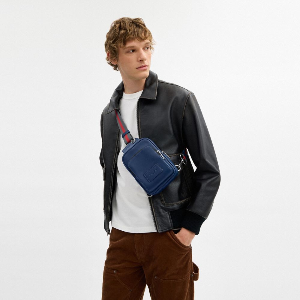 Coach Racer Sling Pack With Varsity Stripe Webbing Silver Deep Blue Multi
