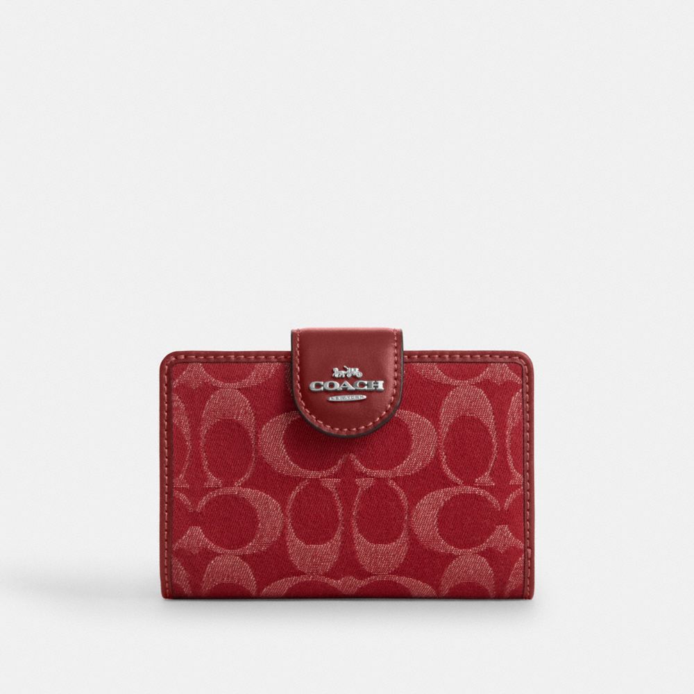 Coach Medium Corner Zip Wallet In Signature Denim Silver True Red