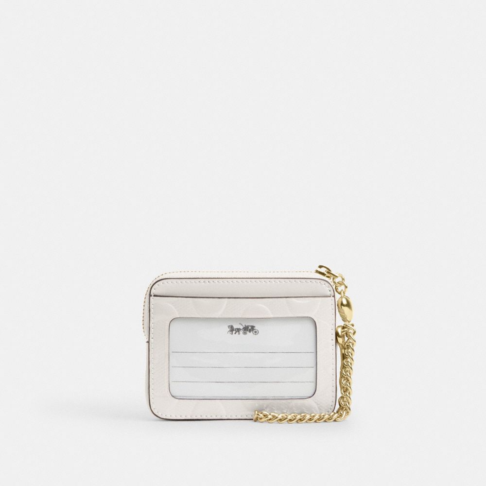 Coach Zip Card Case In Signature Leather With Heart Charm Gold Chalk