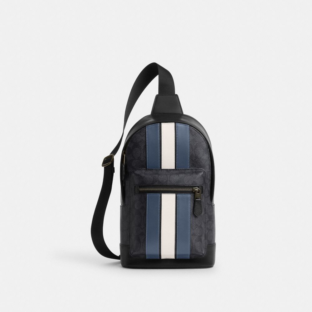 Coach West Pack In Signature Canvas With Varsity Stripe Gunmetal Charcoal Denim Chalk
