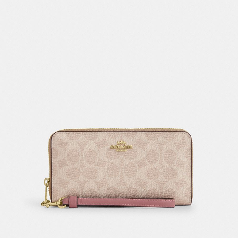 Coach Long Zip Around Wallet In Signature Canvas Gold Sand Peony
