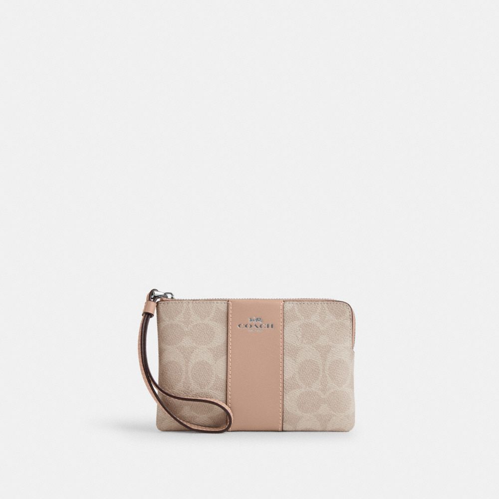 Coach Corner Zip Wristlet In Signature Canvas With Stripe Silver Sand Taupe