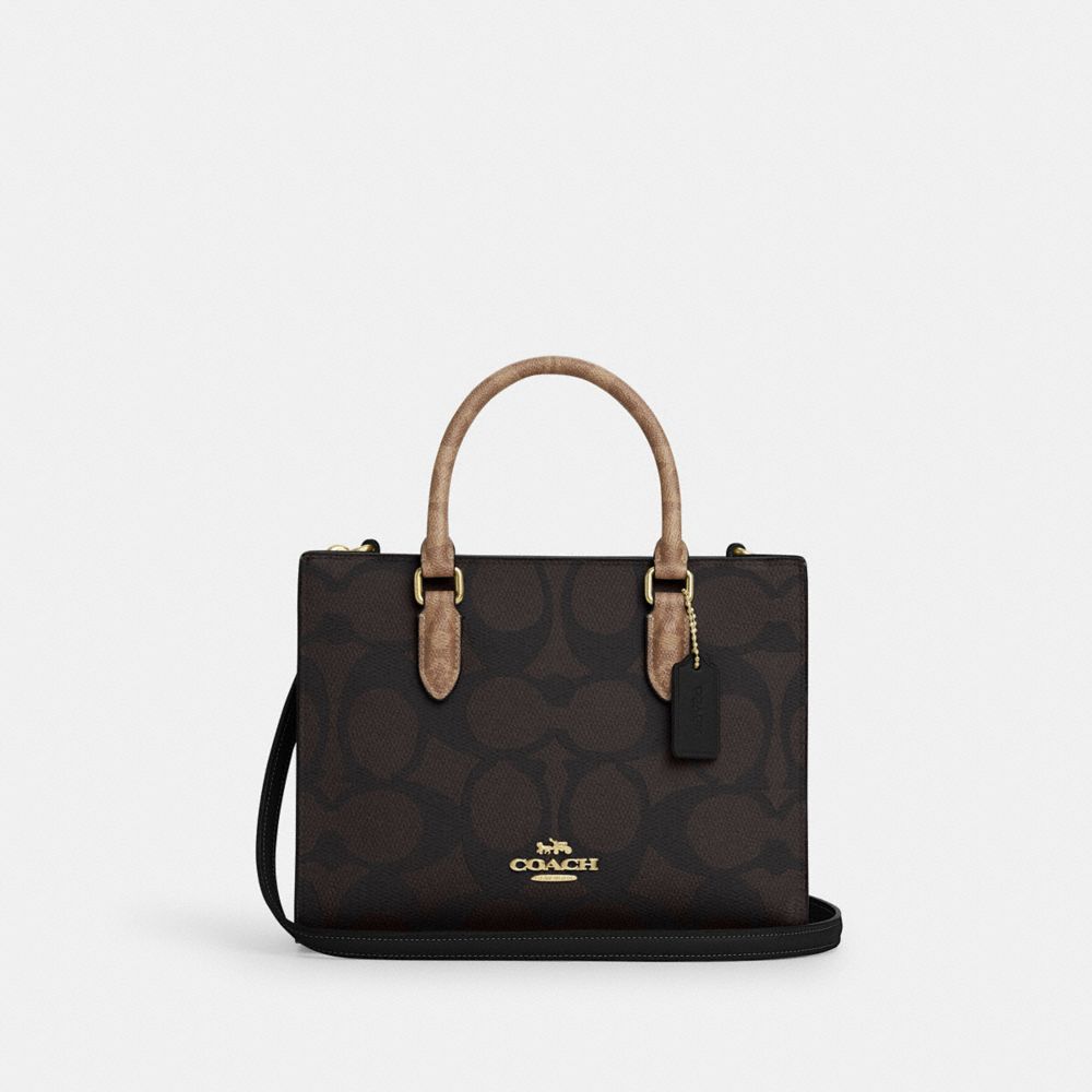 Coach Maggie Small Tote Bag In Blocked Signature Canvas Gold Walnut Tan