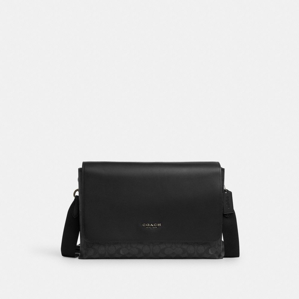 Coach Caleb Messenger Bag In Signature Canvas Gunmetal Charcoal Black