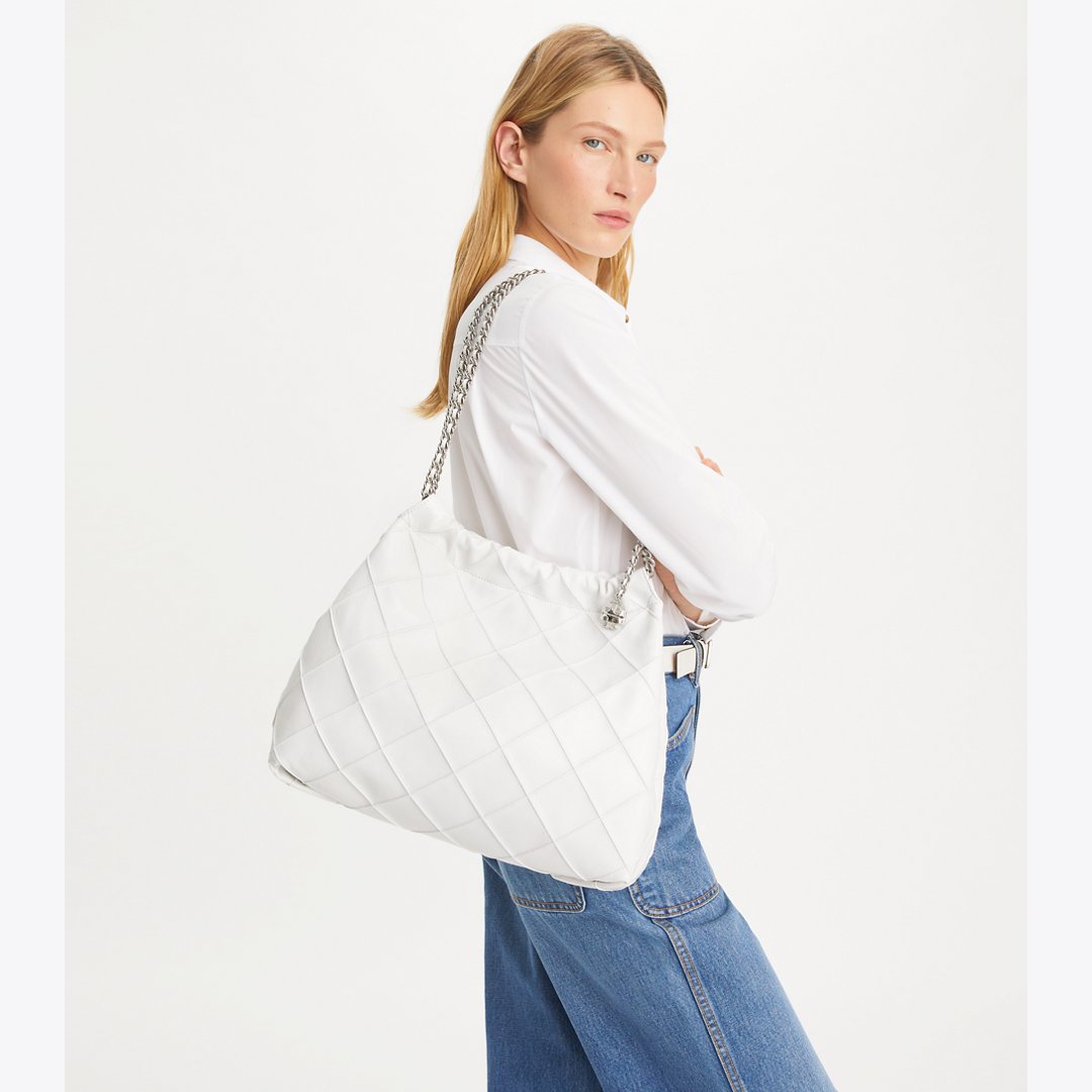 Tory Burch Fleming Soft Distressed Hobo Bag Blanc