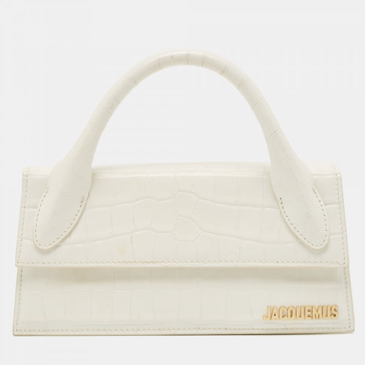 Jacquemus White Croc Embossed Leather Long Le Chiquito Top Handle Bag