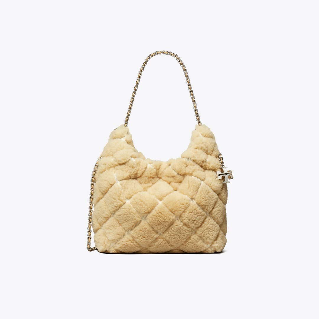 Tory Burch Mini Fleming Shearling Hobo Bag Ivory