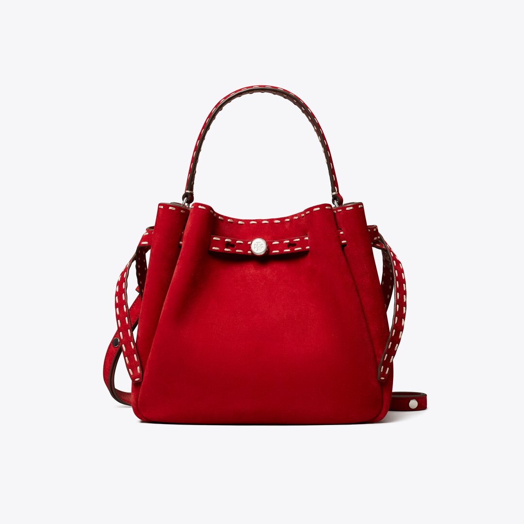 Tory Burch Romy Suede Pick Stitch Bucket Bag Toucan Red