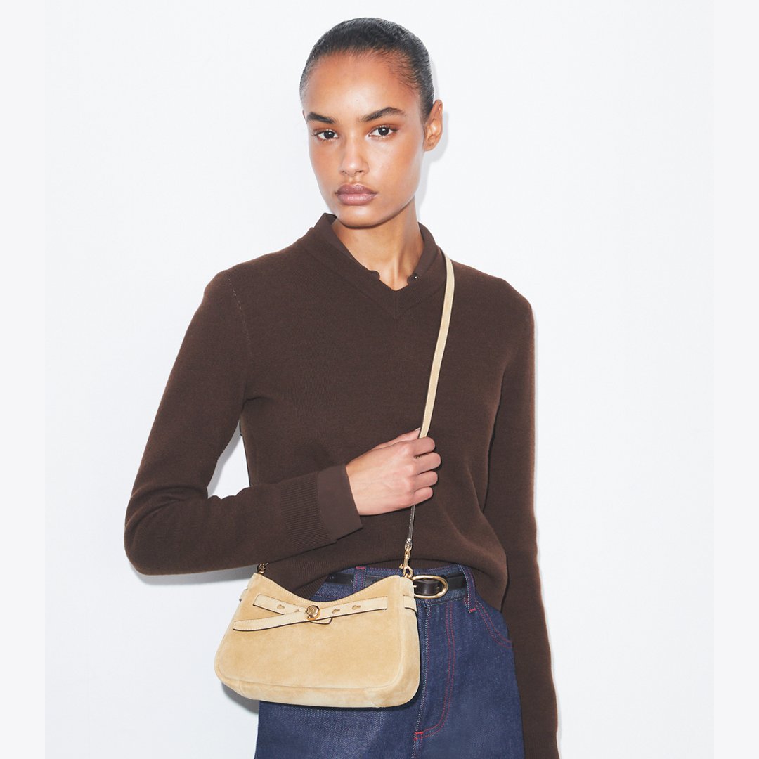 Tory Burch Romy Suede Zip Top Crossbody Bag Butter