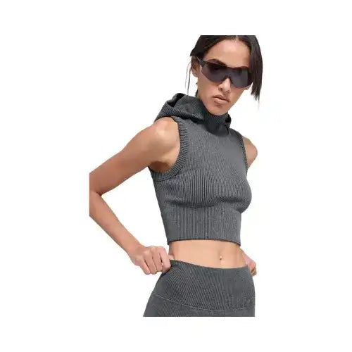 Alo Women's Seamless Two Tone Rib Hooded Vest - Dark Misty Grey Heather (Copy) (Copy)