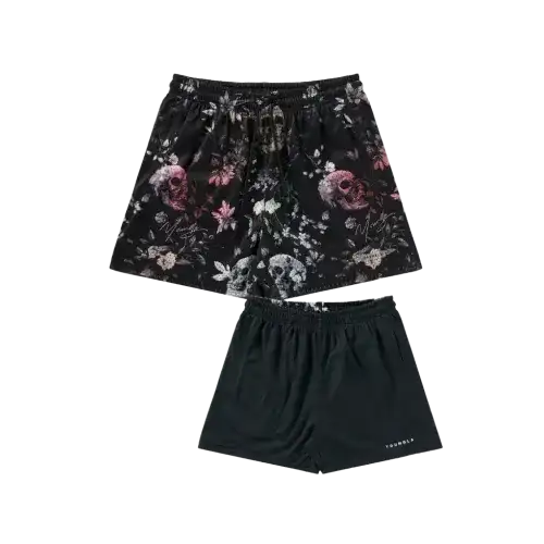 YoungLA Skulls & Roses Reversible Shorts Black Flower Skull