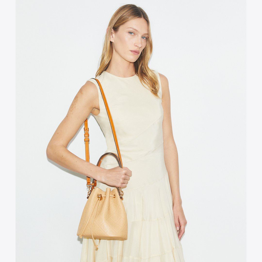 Tory Burch T Monogram Pebble Bucket Bag Biscotti