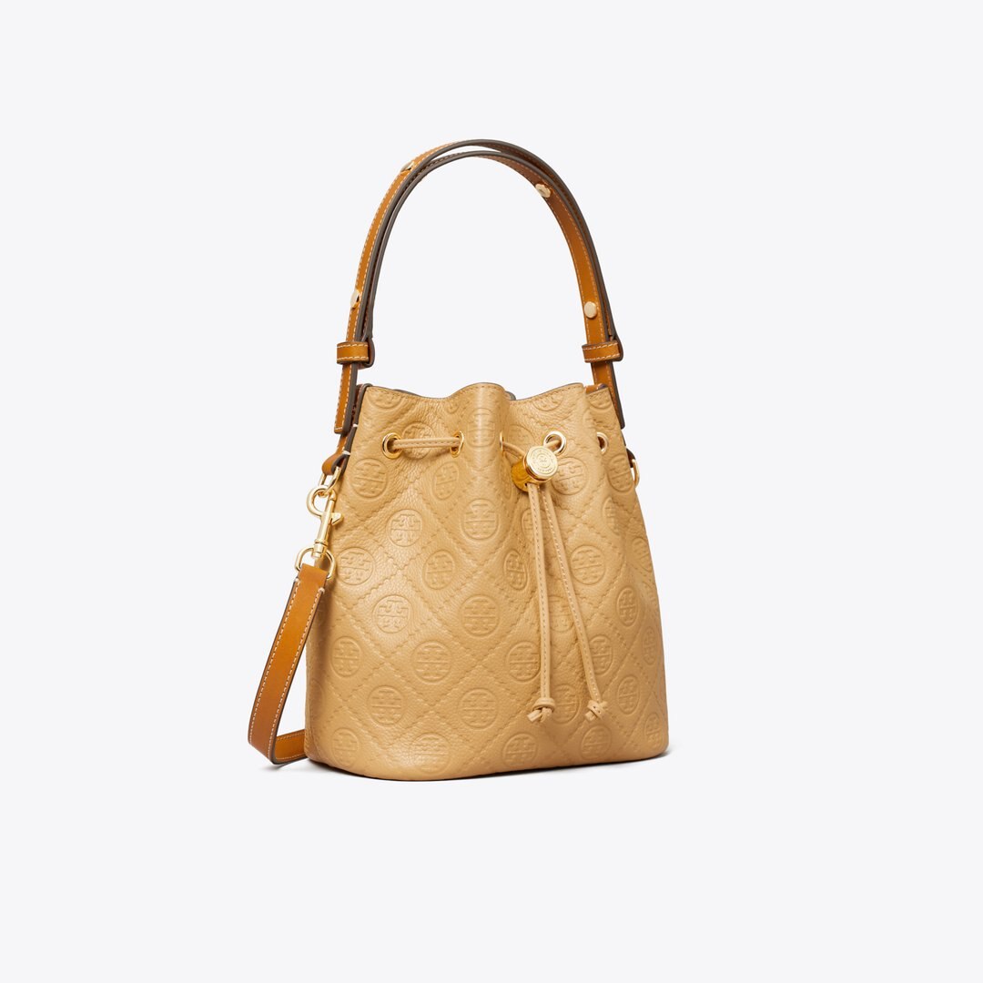 Tory Burch T Monogram Pebble Bucket Bag Biscotti