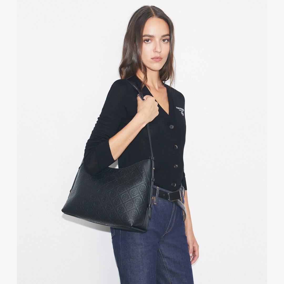 Tory Burch T Monogram Pebbled Messenger Bag Black