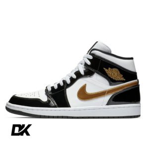 Jordan 1 Mid Patent Black White Gold