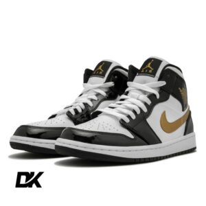Jordan 1 Mid Patent Black White Gold-2
